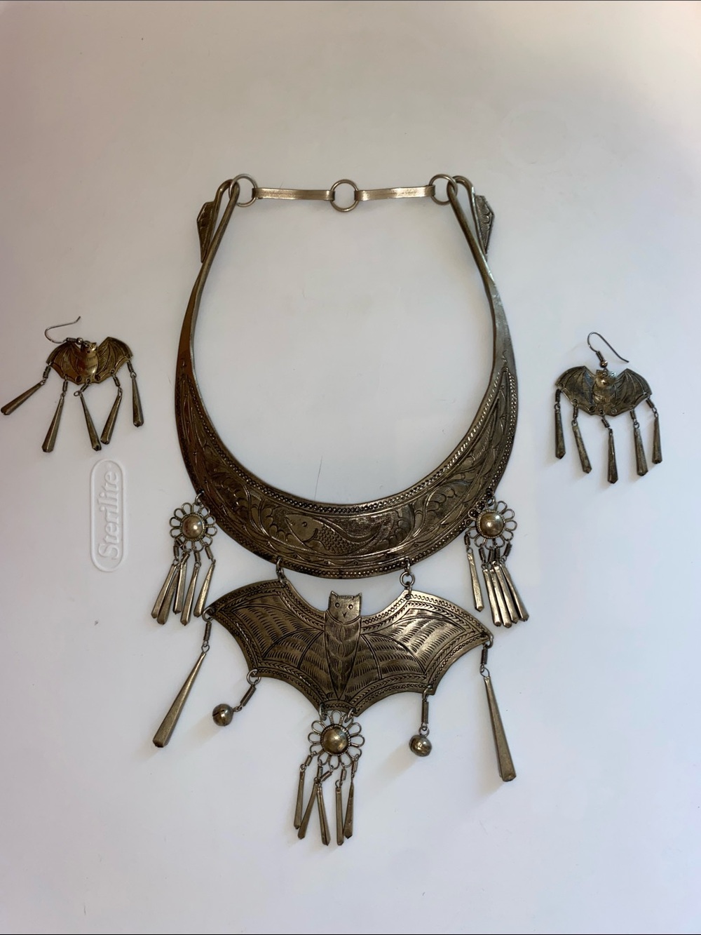 Handcrafted Silver-Tone Hanging Bat Motif Statement Bib Necklace & Earring Set